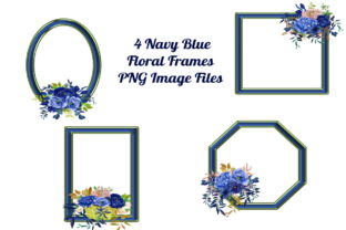 4 Navy Floral Frames: Versatile PNG Assets